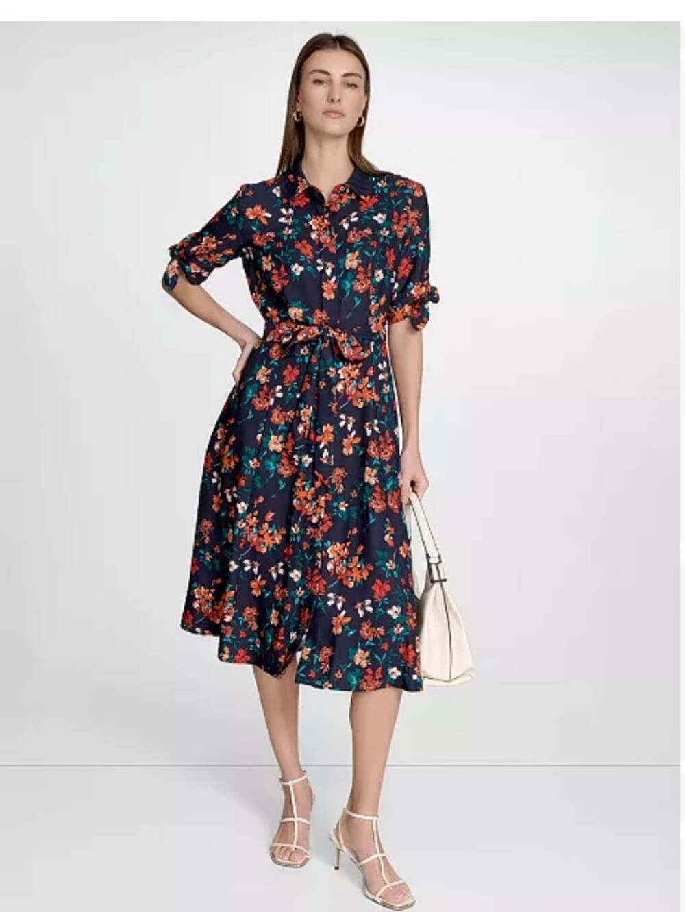 Retail $139 Calvin Klein Floral Bow Sleeves Midi Shirtdress